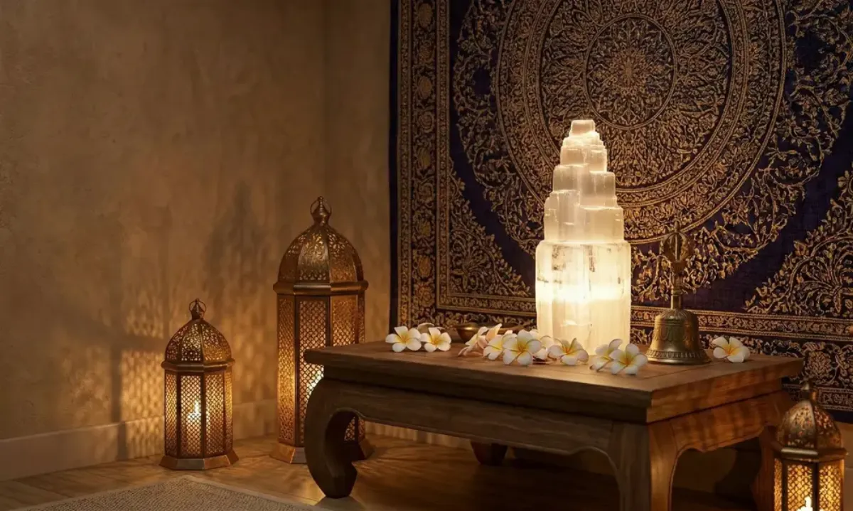 Orientalisches Ambiente im Tantra Shiva Studio Köln – Selenitlampe, Laternen und Mandala-Wandbehang